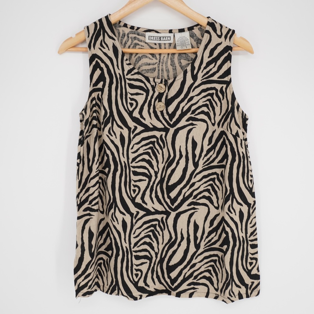 Dressbarn Zebra Tank Top Womens 8 Black Beige Linen Blend Buttons Animal Print